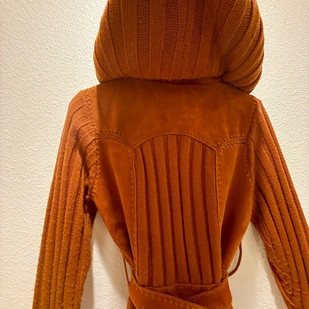 Vintage 1970s Terracotta Leather Suede Knit Crochet Hooded  Jacket Coat, Grunge - Picture 3 of 14